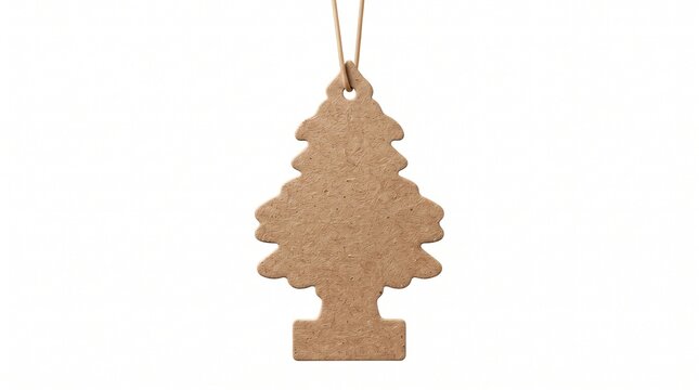 Minimalist brown cardboard air freshener in pine tree shape, blank hanging paper car fragrance tag, eco-friendly recycled material mockup for branding