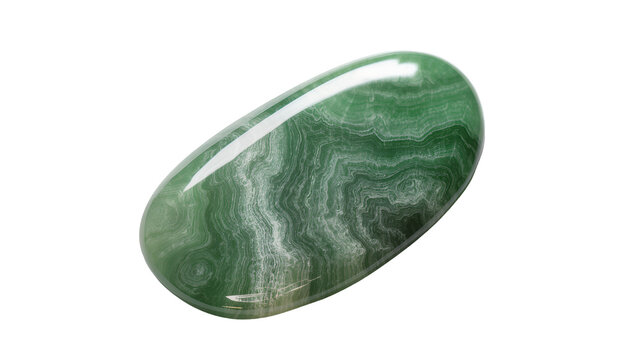Isolated vibrant green banded agate stone with unique swirling patterns and glossy finish