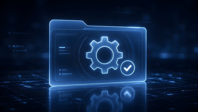 Digital folder icon with gear and checkmark for system configuration successful software update and project management documentation