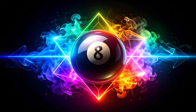 Glowing Eight Ball Billiards Graphic with Neon Lights and Colorful Smoke on Black Background