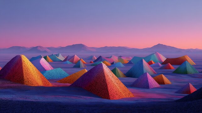 Surreal desert landscape featuring vibrant multicolored geometric pyramids under a soft gradient sunset sky horizon with showcases dreamlike terrain filled numerous textured