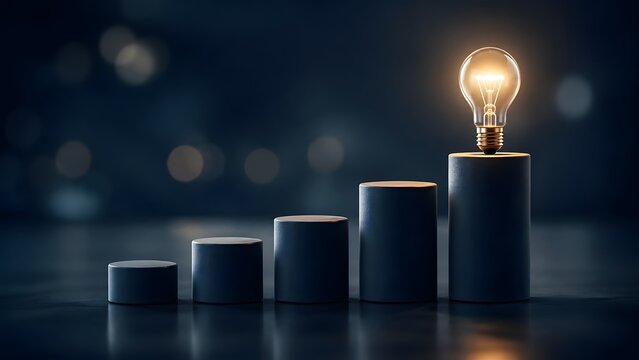 Glowing light bulb on top of rising dark cylindrical bar graph representing brilliant business strategy and innovation growth.