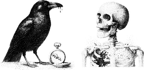 Obraz premium Raven with bloodstained beak, pocket watch and skeleton closeup engraving for gothic wallpaper and poster design with macabre vintage detail