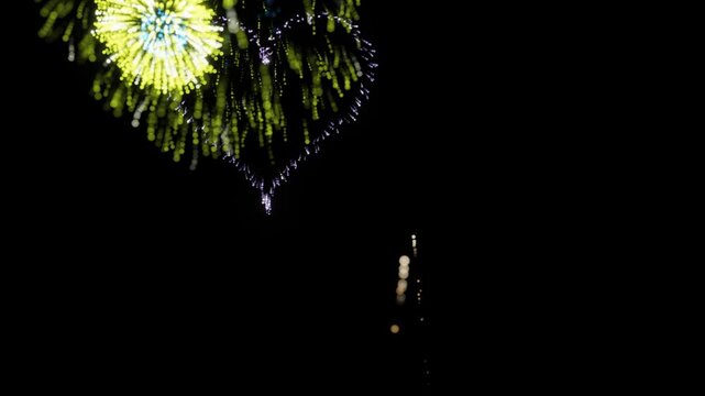 A dynamic display of colorful fireworks exploding into starburst patterns and symmetrical light effects in a darkened sky. 3D Render