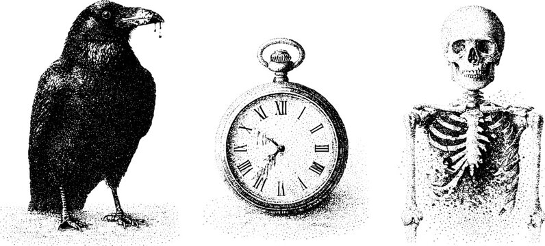 Dark raven with bloodstained beak, antique pocket watch and skeleton engraving for gothic poster and background design focused on time and mortality