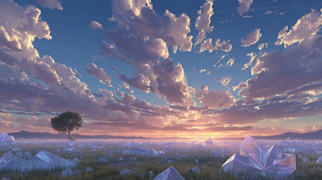Vibrant sunset sky over vast grassy field scattered with large geometric crystalline mineral formations with surreal landscape with jagged crystal structures