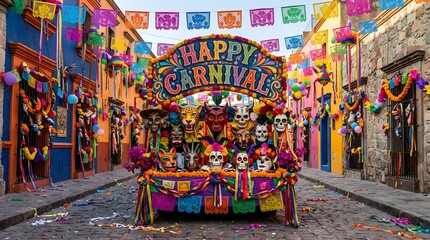 Obraz premium Colorful mexican carnival float with decorative masks and papel picado banners