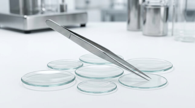 Stainless tweezer and glass petri dish laboratory bench pharmaceutical technology research scene