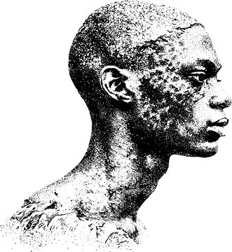 Profile portrait of a person with textured scarification and raised skin detail for medical illustration or editorial background