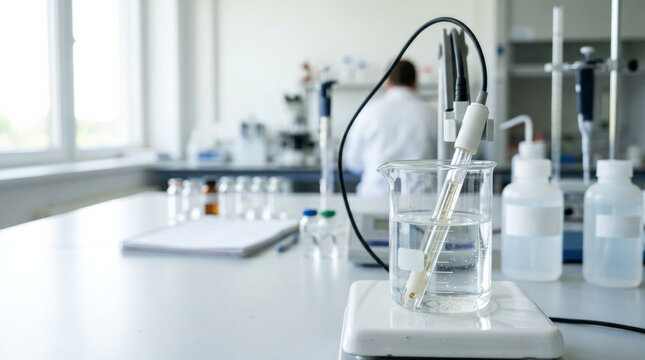 Pharmaceutical technology lab beaker with probe measuring solution offering clinical research