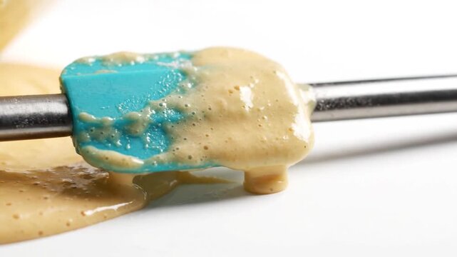 Macro Batter Dripping from Blue Silicone Spatula