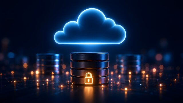 Glowing digital cloud hovering over secure server stacks with padlock representing encrypted cloud storage and data protection