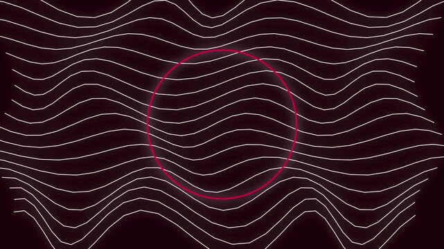Glowing neon pink circles intersect with fluid white undulating horizontal lines moving across dark space