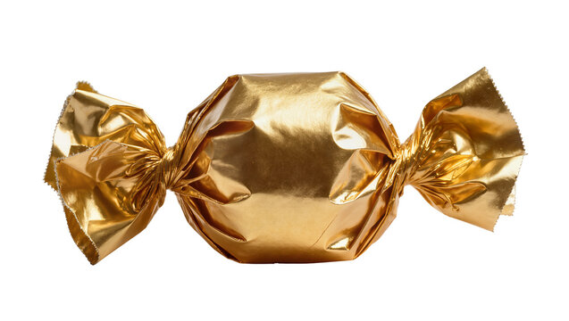 Isolated elegant delicious gold wrapped candy sweet treat, luxurious foil dessert for celebration