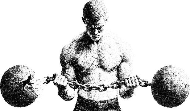 Black and white stipple strongman breaking chained barbell with cracked weights for strength poster and fitness background design