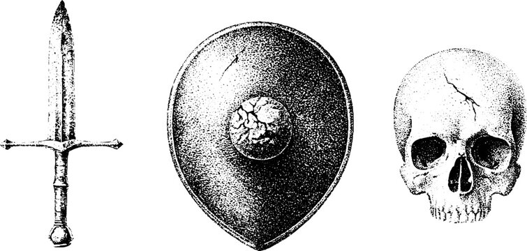 Rusted medieval sword shield and human skull drawing in black stipple for vintage poster background and design elements