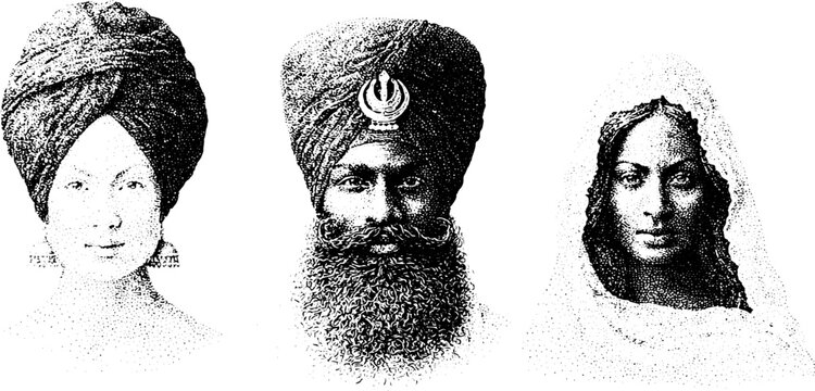 Black and white stippled portraits of sikh man and women with turban, kara and chauri for cultural history poster and educational background