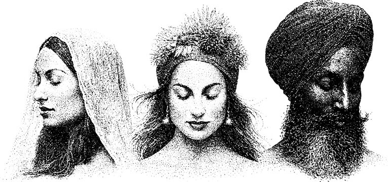 Black and white stippled triple portrait heads with turban and headscarf for vaisakhi banner background and cultural poster design