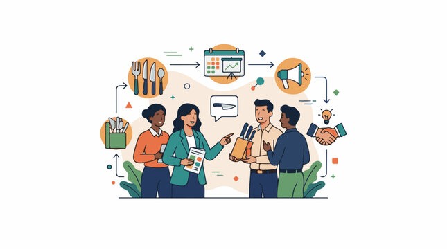 Diverse team collaborates on a culinary project with planning and marketing