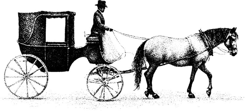 Horse drawn wedding carriage with coachman in black and white stipple engraving for vintage wedding transport background or banner