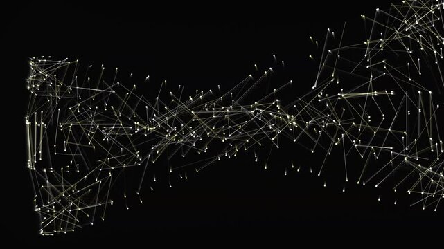 Glowing network nodes connected by lines forming rotating geometric shapes in deep dark void space