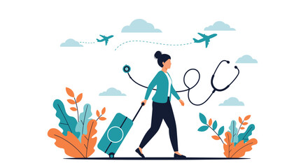 Fototapeta premium Woman traveling with a suitcase and a stethoscope tracing her path, with airplanes flying, symbolizing medical tourism or travel health.