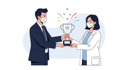 Fototapeta premium Professional man in a suit and a doctor in a lab coat, both masked, shaking hands while holding a trophy, symbolizing achievement.