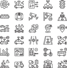 Fototapeta premium Intelligent Traffic Systems Line Icons for Smart Mobility, Traffic Management, Connected Transport and Vector Icon Set
