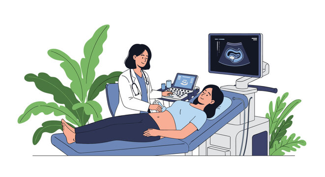 Female doctor performing an ultrasound examination on a pregnant woman lying comfortably on an examination bed, monitoring fetal development on screen.
