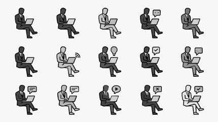 Fototapeta premium Modern Black and White Illustrations of Professionals Engaged in Various Digital Communication and Work Activities on Laptops