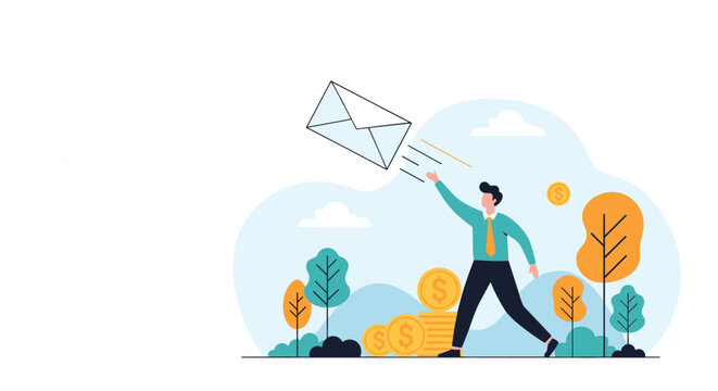 Energetic man running and eagerly reaching for a flying envelope, with stacked coins and lush trees, symbolizing financial opportunity and quick communication.