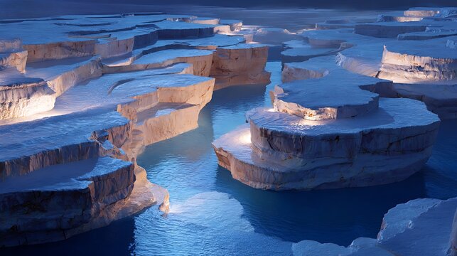 Surreal floating white rock formations rising from deep blue water under ethereal twilight glow with layered rock platforms floating amidst calm
