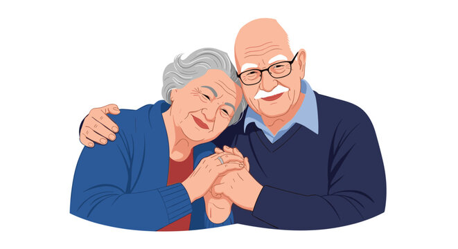 Happy elderly couple, embracing affectionately and gently holding hands, symbolizing enduring love, companionship, and the joy of aging gracefully together.