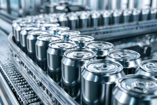 Aluminum beverage cans moving on factory conveyor belt