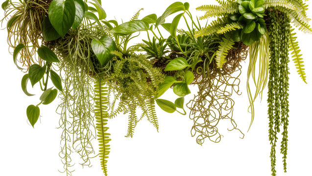 Isolated hanging garden arrangement with various green tropical plants and trailing vines