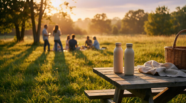 Reusable water bottles on wooden picnic table at sunset