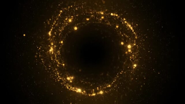 Golden particle vortex background loop. Abstract shimmering dust swirls creating a magical tunnel effect or black hole portal on a deep black background.