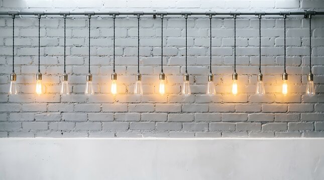 Row of vintage edison light bulbs hanging against a grey brick wall