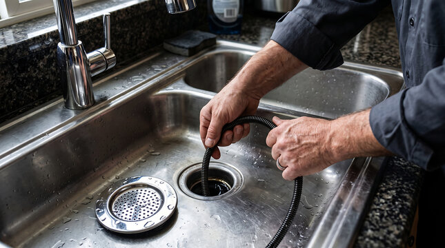 Professional plumber fixing a clogged kitchen sink drain with a flexible cleaning tool