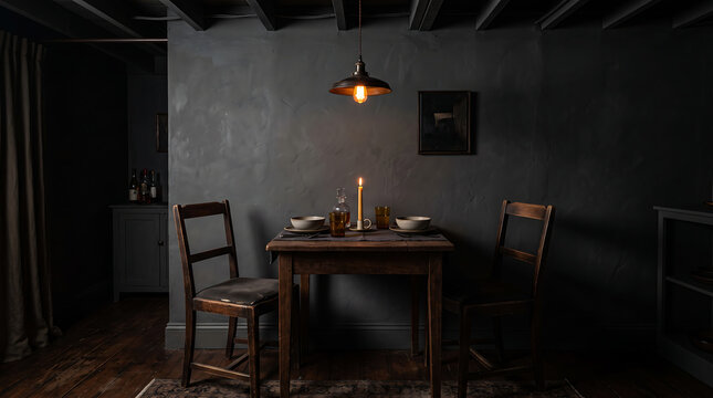 Rustic wooden dining table set for two in a cozy dark moody dining room with vintage lighting