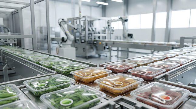 Automated food packaging line with robotic arms in modern factory