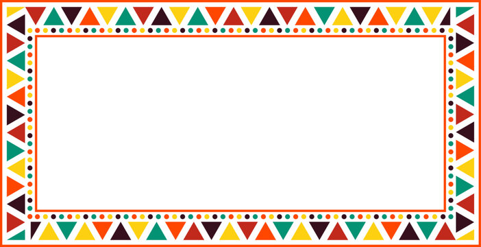 Colorful tribal geometric border frame vector template with abstract colorful triangles and dots seamless pattern on white background with copy space for text banner card