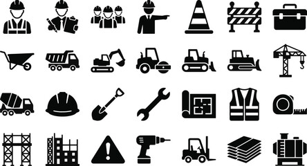 Construction and Engineering Black Glyph Icons Collection Tools Machinery and Safety Equipment © RIPA
