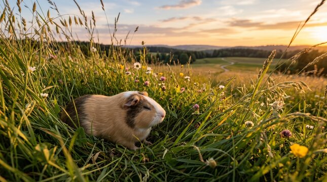 Guinea pig sitting in grassy meadow with wildflowers at sunset