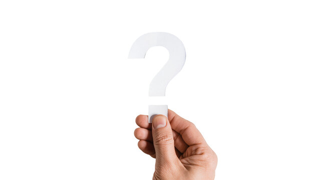 Isolated human hand holding a large white question mark symbol for query and uncertainty