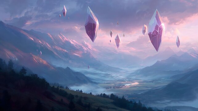 Ethereal mountain valley with glowing floating crystals under a soft pastel twilight sky sunset with luminous geometric crystals depicts surreal mountain