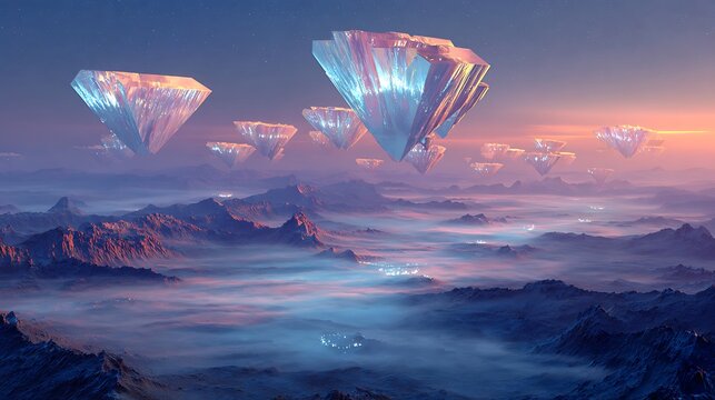 Ethereal crystalline structures floating above a misty mountain range at twilight surreal scenery with landscape with landscape