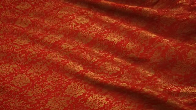 Luxurious Red and Gold Brocade Fabric Background. Flowing Silky Textile with Ornate Traditional Floral Damask Pattern Texture. Rich Seamless Material for Design and Decoration.