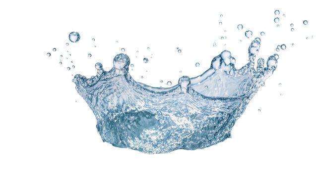 Isolated vibrant blue water splash crown with dynamic drops and bubbles frozen in motion