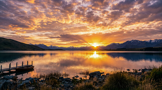 Amanecer dorado sobre un lago rodeado de monta&ntilde;as nevadas. El sol brilla reflej&aacute;ndose en el agua con un c&aacute;lido resplandor natural.
